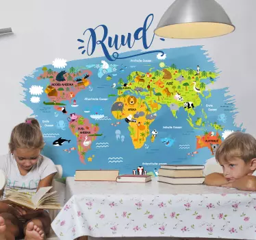 Muursticker wereldkaart kinderkamer dieren gepersonaliseerd - TenStickers