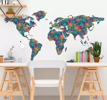 Wereldmap jungle bloemen - TenStickers