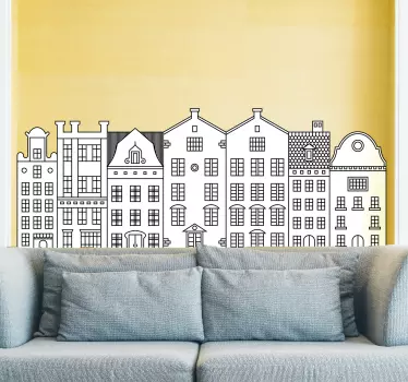 Muurstickers woonkamer grachtpant huisjes Amsterdam - TenStickers