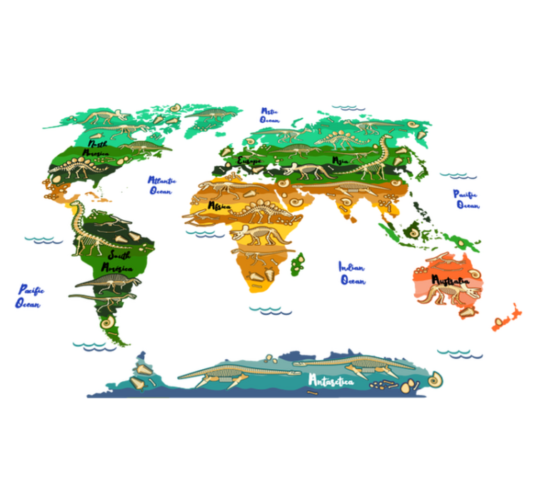 Vinyl tapijt wereldkaart dinosaurussen met engelse namen - TenStickers