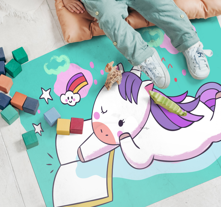 Vinyl vloerkleed dieren Baby eenhoorn lezen - TenStickers