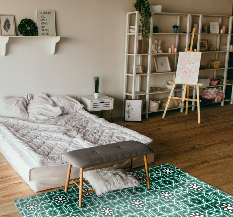 Groen vinyl vloerkleed keuken met witte bloemen - TenStickers