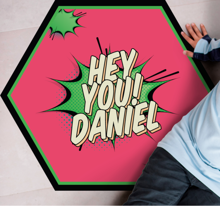 Begroeting in komische stijl vinyl tapijt met naam - TenStickers