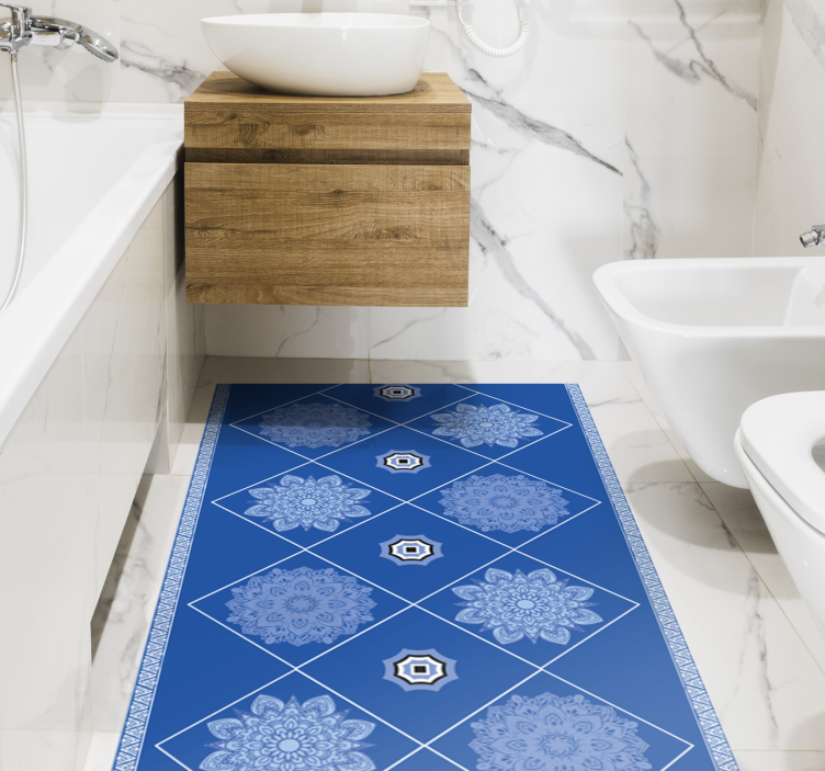 Blauwe bloemenelementen vinyl tapijt badkamer - TenStickers