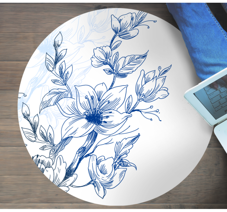 Blauwe botanische schets vinyl tapijt bloemen en planten - TenStickers