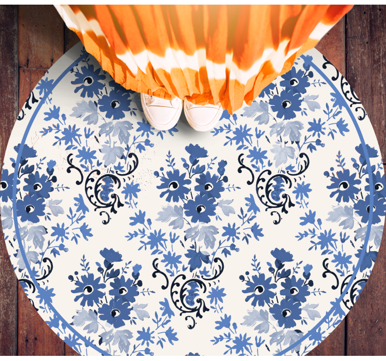 Bloemenblauwe print vinyl vloerkleed rond - TenStickers