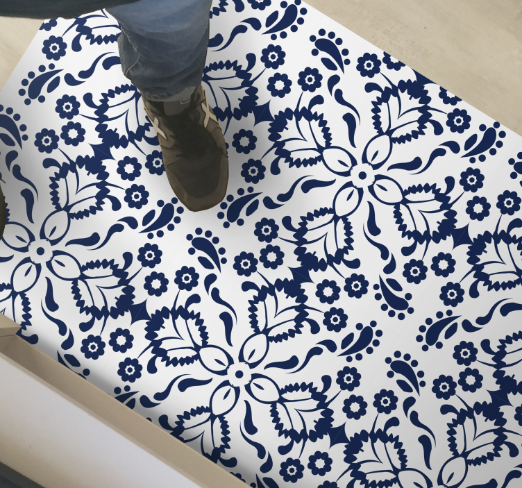 Blauw en wit bloemenontwerp vinyl tapijt tegels - TenStickers