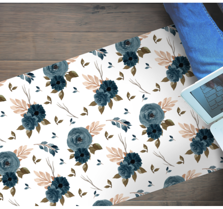 Blauwe elegante rozen vinyl tapijt bloemen en planten - TenStickers