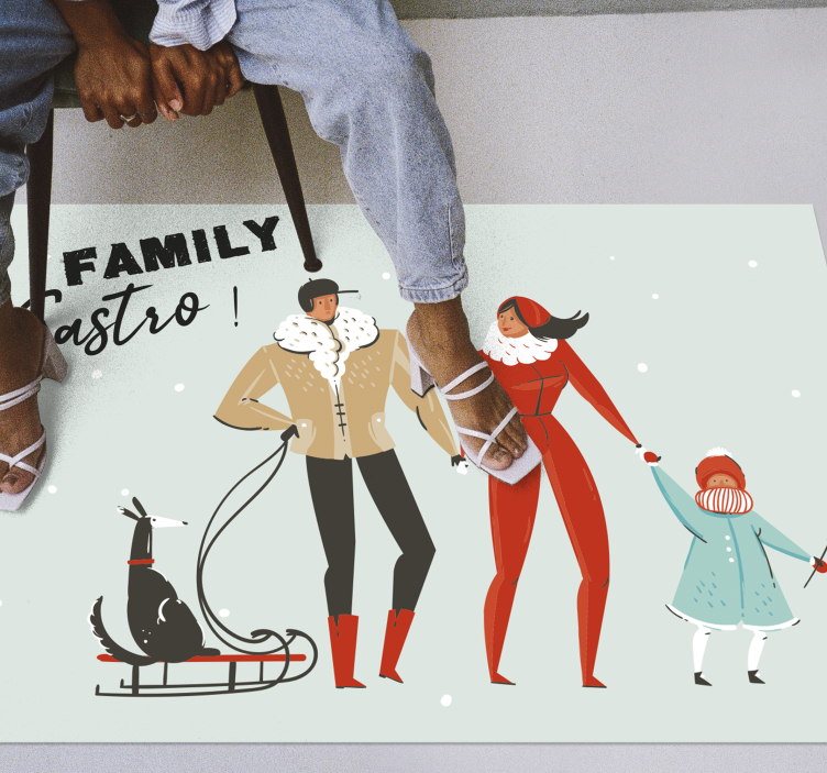 Gepersonaliseerde winterfamilie vinyl tapijt met naam - TenStickers