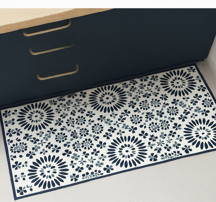 Geometrisch bloemenpatroon vinyl tapijt blauw - TenStickers