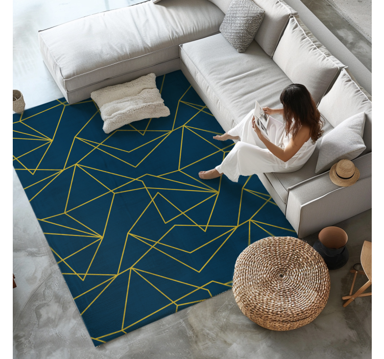 Geometrische gouden lijnen vinyl tapijt blauw - TenStickers