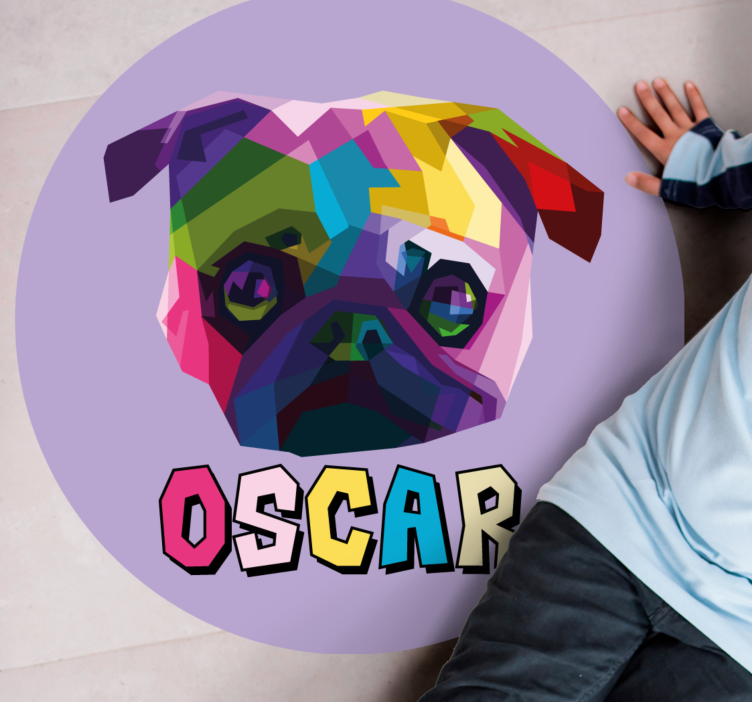 Geometrische hondenillustratie vinyl tapijt met naam - TenStickers