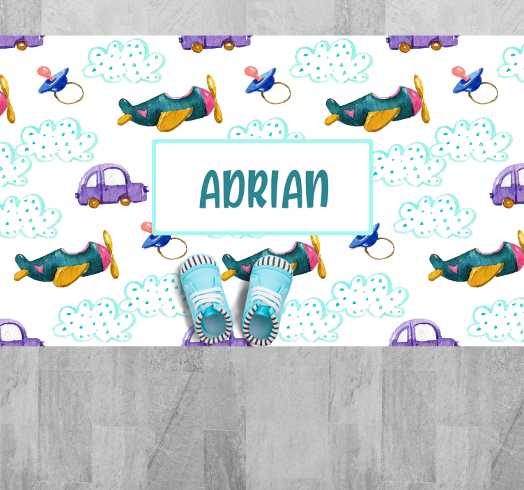 Grillig vliegtuigthema vinyl tapijt met naam - TenStickers