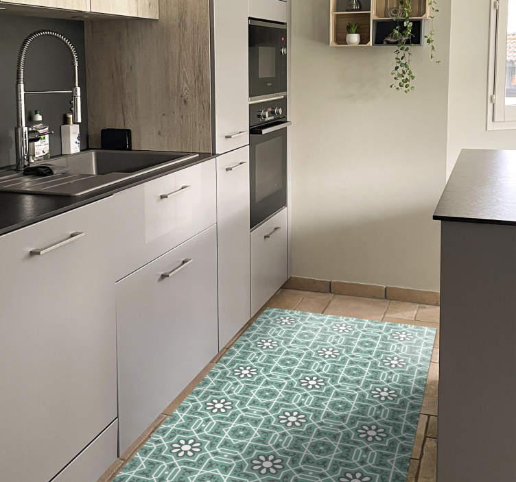Groen vinyl vloerkleed keuken met witte bloemen - TenStickers