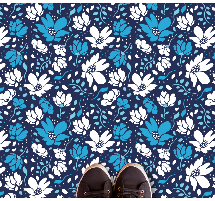 Marineblauw bloemenmotief vinyl tapijt bloemen en planten - TenStickers