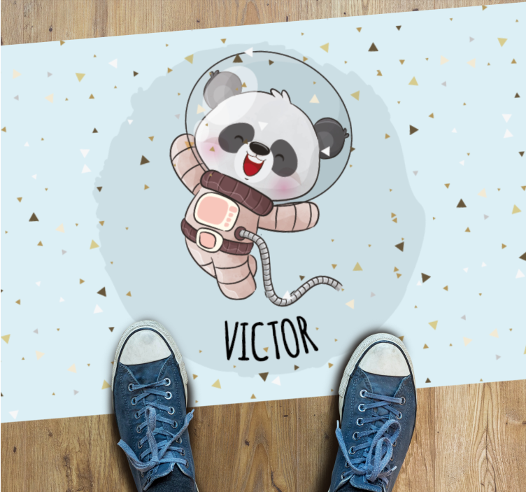 Schattige panda-astronaut vinyl tapijt met naam - TenStickers