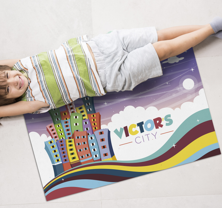 Stads regenboog vinyl tapijt met naam - TenStickers