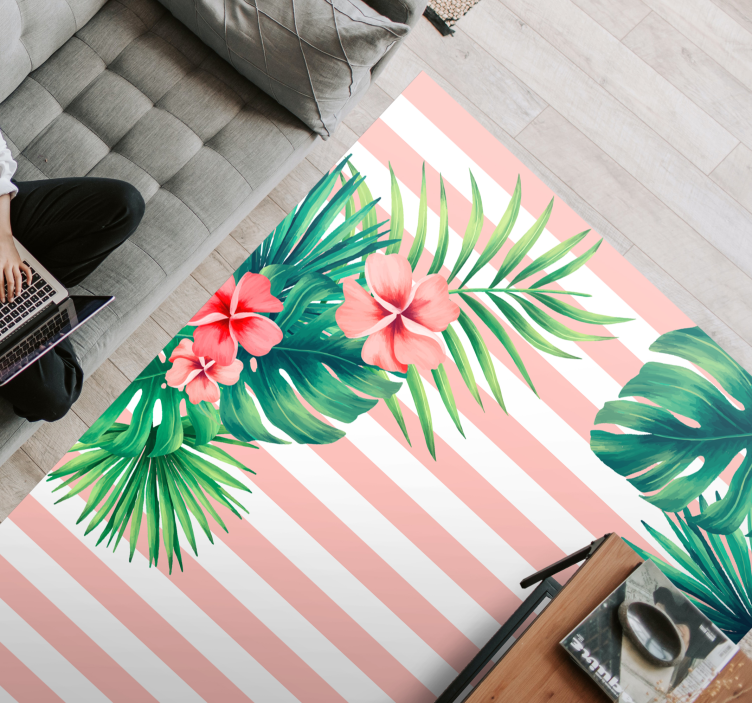 Tropische flora streep vinyl tapijt bloemen en planten - TenStickers
