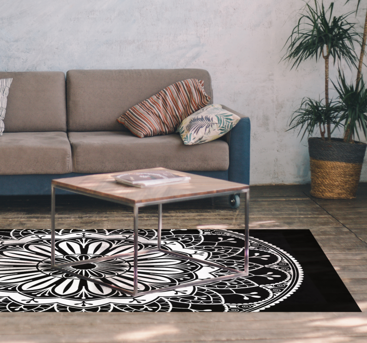 Zwart botanisch motief vinyl tapijt mandala - TenStickers