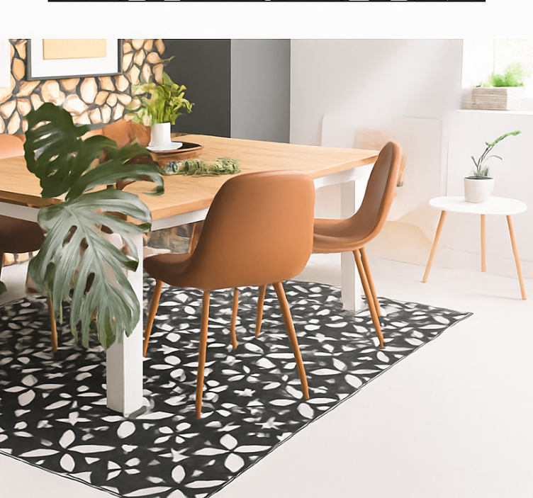 Zwarte bloemen geometrische vinyl tapijt eetkamer - TenStickers
