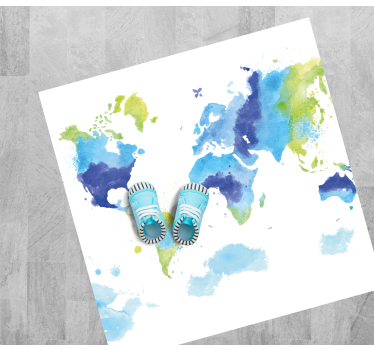 Blauwe en groene aquarel vinyl tapijt wereldkaart - TenStickers