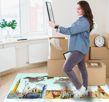Kleurrijke oriëntatiepuntencollage vinyl tapijt wereldkaart - TenStickers