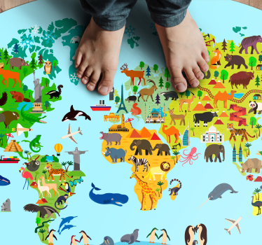 Wereldkaart vinyl tapijt Fauna en vegetatie - TenStickers
