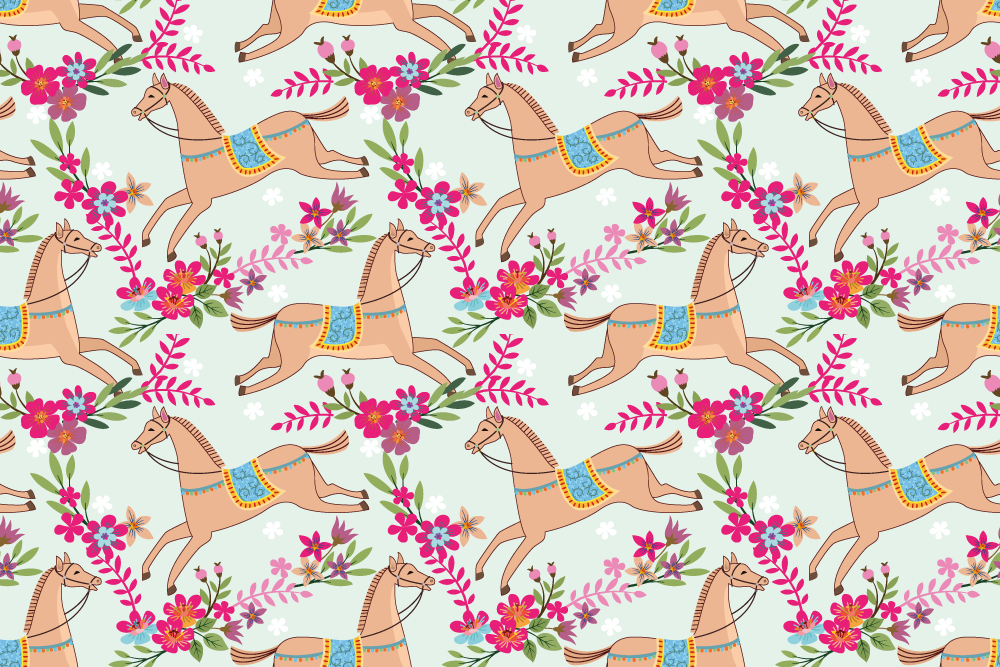 Dieren vinyl tapijt met roze bloemen paardenpatroon - TenStickers