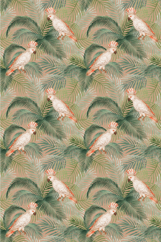 Dieren vinyl tapijt met witte papegaaien op beige palmen - TenStickers
