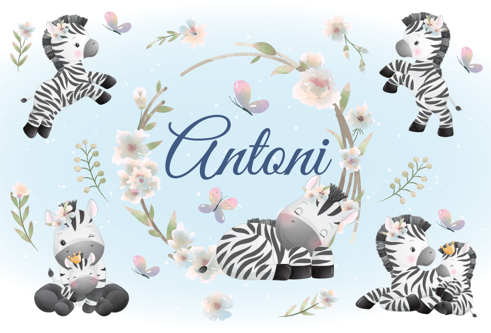 Dieren vinyl tapijt baby zebra's met naam - TenStickers