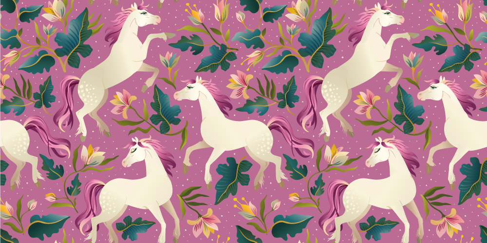 Dieren vinyl tapijt roze en bloemen paarden ontwerp - TenStickers