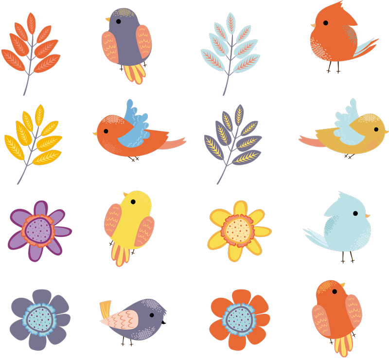 Vinyl tapijt bloemen en planten voorjaarsvogels set - TenStickers