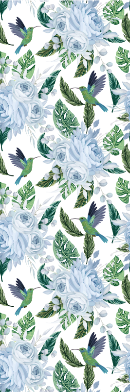Vinyl tapijt bloemen en planten blauwe tuinbloemen met vogels - TenStickers