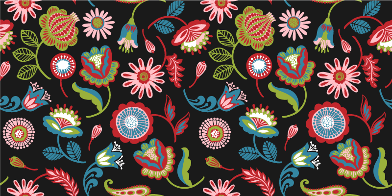 Vinyl tapijt bloemen en planten kleurrijk volkspatroon - TenStickers