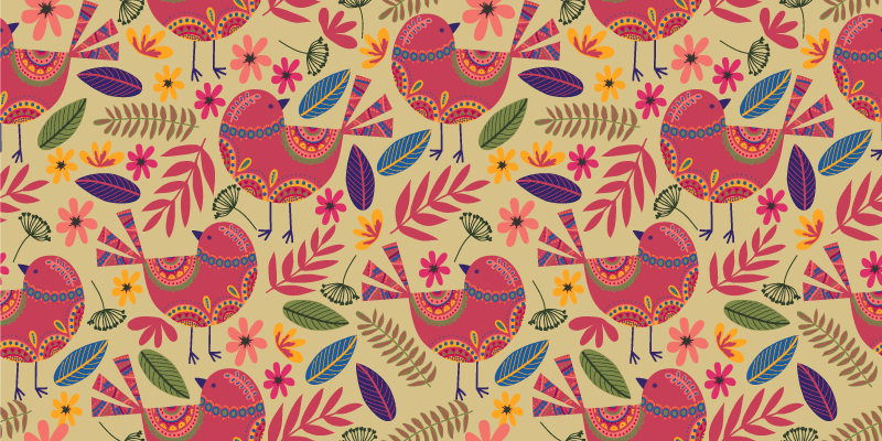 Vinyl tapijt bloemen en planten met kleurrijke vogels patroon - TenStickers