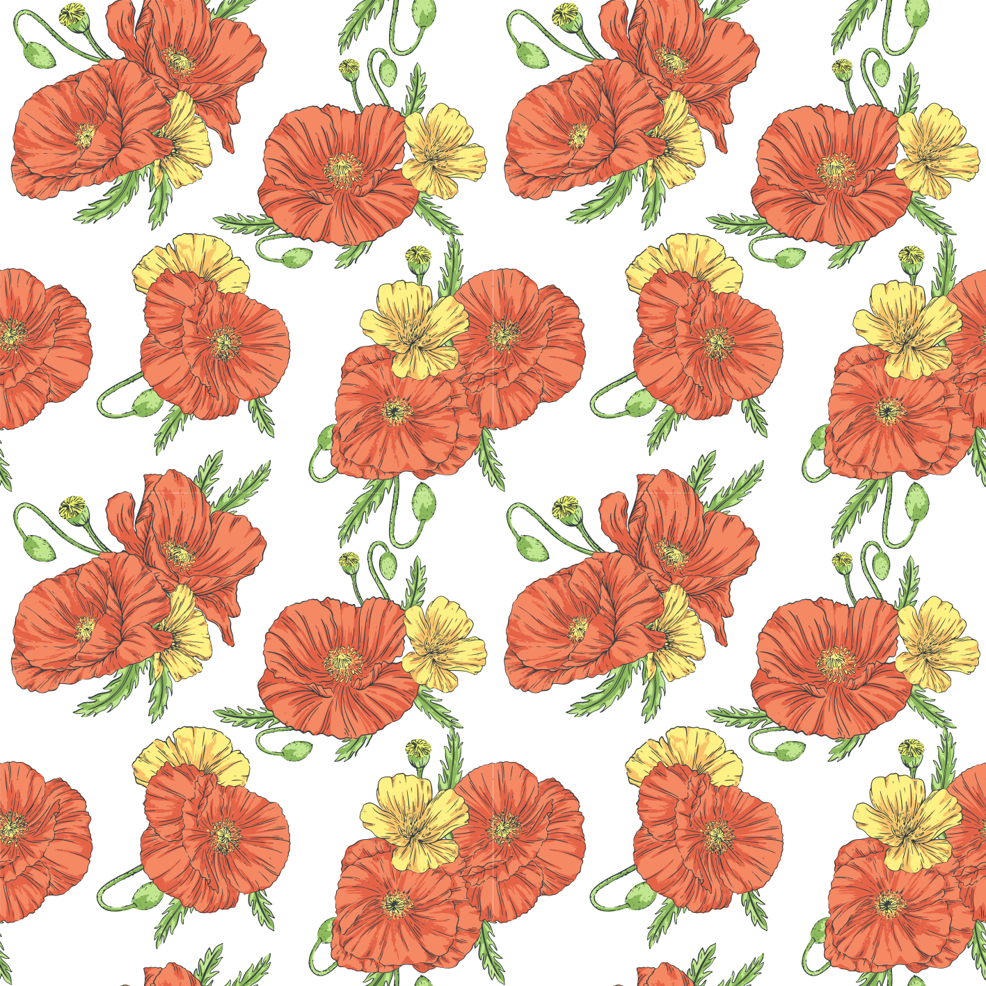 Vinyl tapijt bloemen en planten met klaprozen op wit - TenStickers