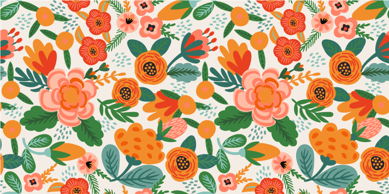 Vinyl tapijt bloemen en planten rood en oranje folkstijl - TenStickers