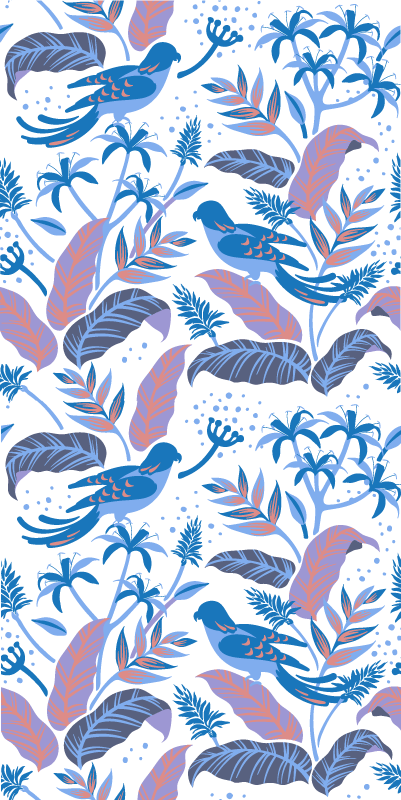 Vinyl tapijt bloemen en planten met blauwe en roze vogels - TenStickers