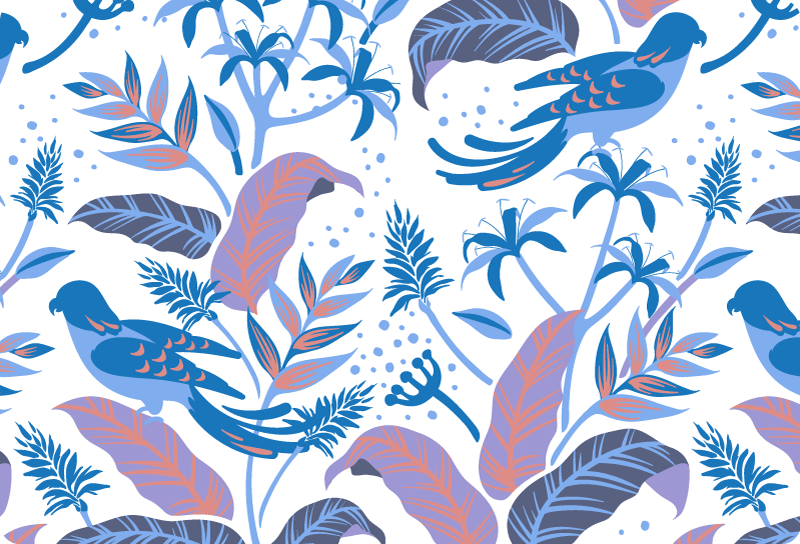 Vinyl tapijt natuur blauwe en roze vogels op bladeren - TenStickers