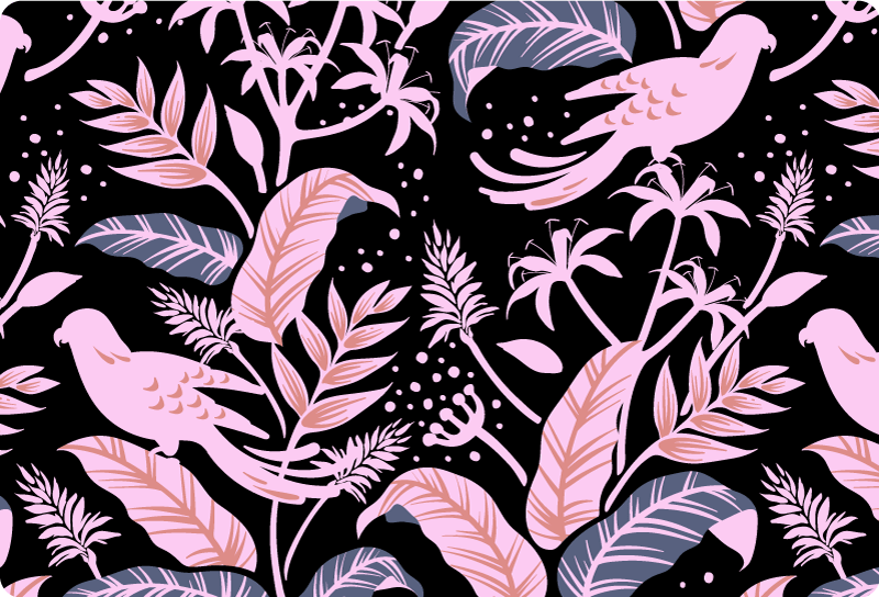 Vinyl tapijt bloemen en planten met zwarte en roze vogels - TenStickers