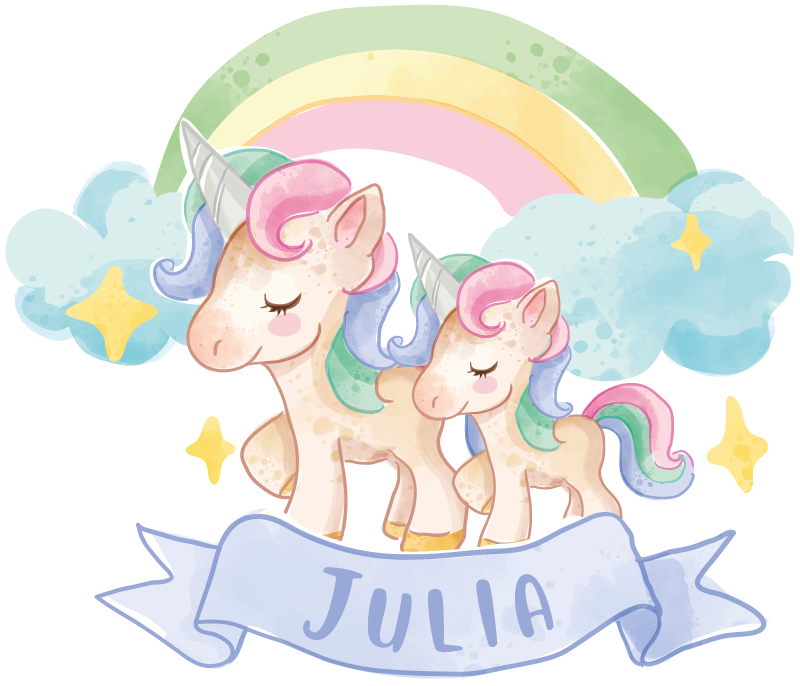 Vinyl tapijt kind gelukkige eenhoorns over een regenboog - TenStickers