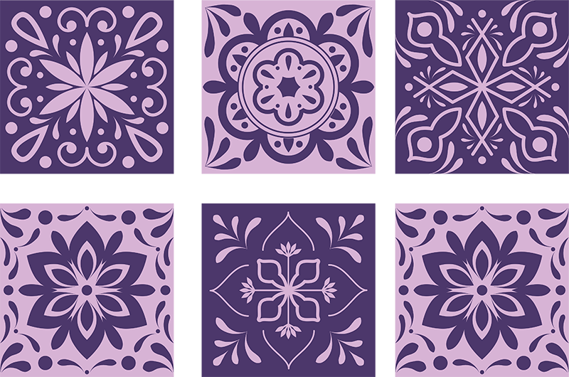 Vinyl vloerkleed badkamer paarse bloemen tegels - TenStickers
