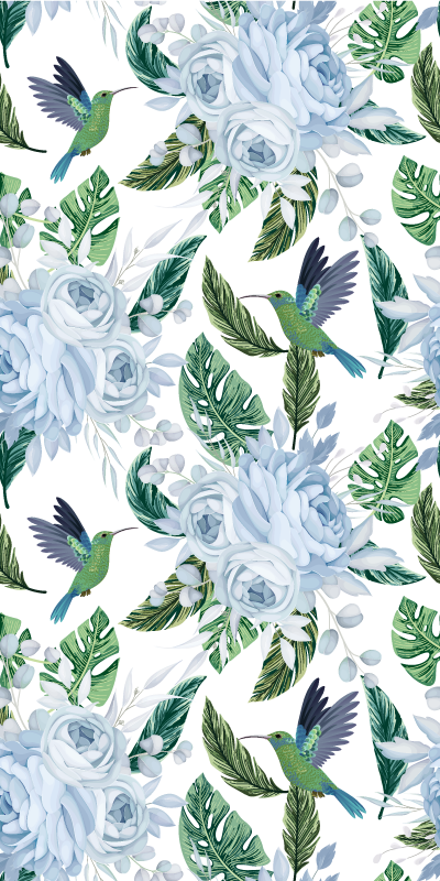 Vinyl vloerkleed keuken blauwe bloemen met vogels - TenStickers