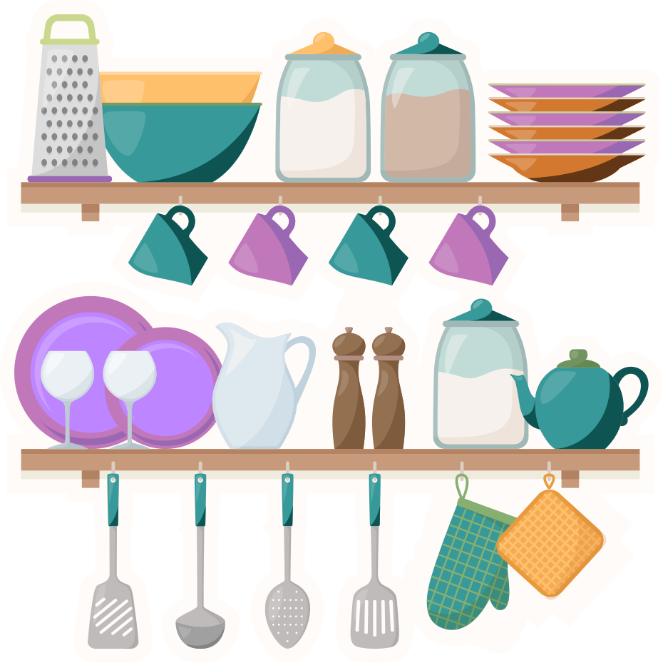 Vinyl vloerkleed keuken met kookgerei op planken - TenStickers