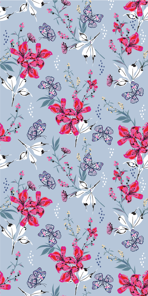 Vinyl tapijt natuur abstracte rode bloemen met vlinders - TenStickers
