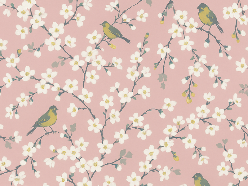 Vinyl tapijt natuur roze boomgaard vogels - TenStickers