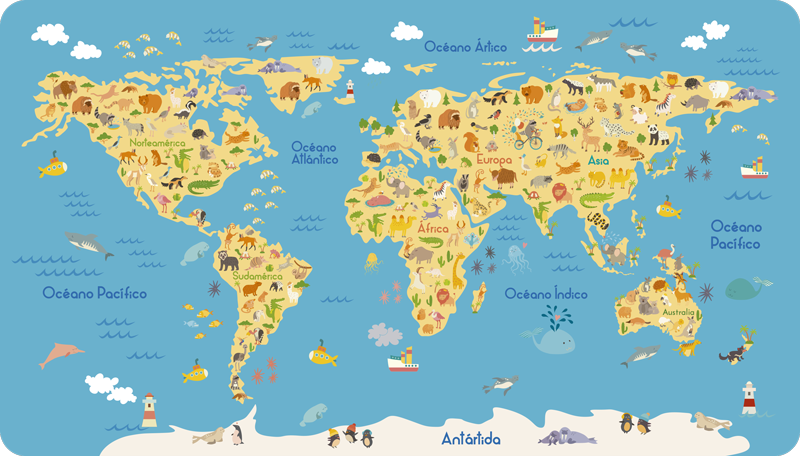 Vinyl tapijt wereldkaart cpprivalia kinder wereldkaart fauna - TenStickers