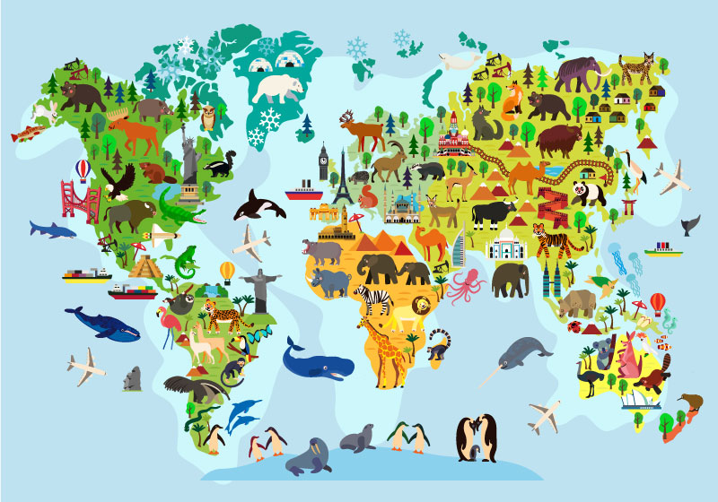 Vinyl tapijt wereldkaart kinderen met monumenten en dieren - TenStickers