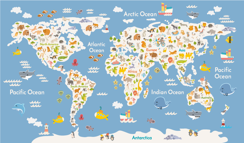 Vinyl tapijt wereldkaart witte fauna voor kinderen - TenStickers
