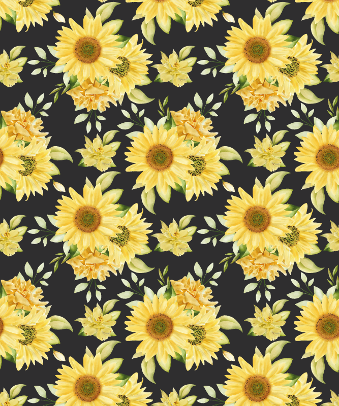 Vinyl tapijt geel zonnebloem patroon zwarte achtergrond - TenStickers